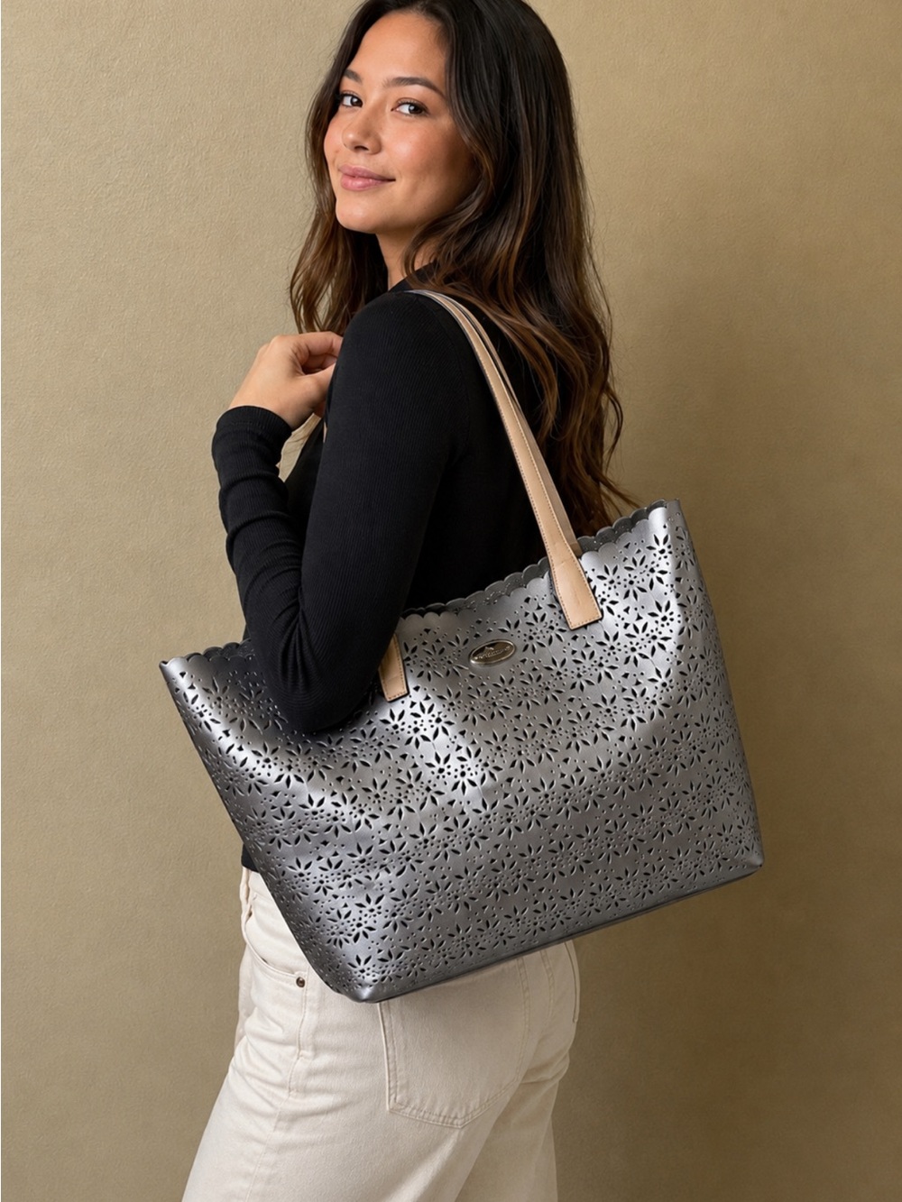 Coach Metallic Silver Laser-Cut Tote with Tan Straps
